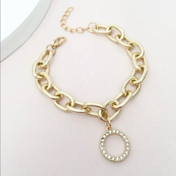 Gold Chain Circle Rhinestone Pendant Bracelet - Picture 1 of 11